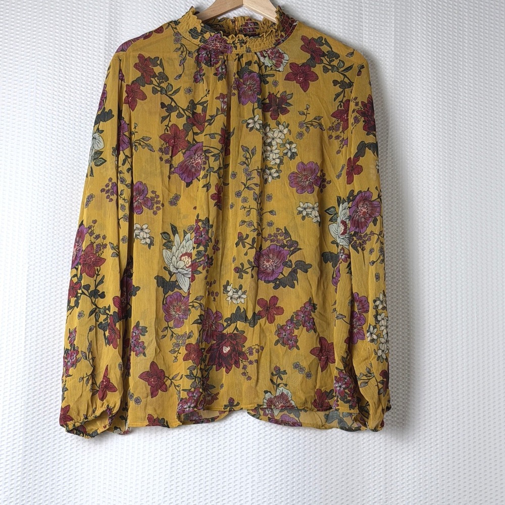 Louise Paris Blouse Women 1X Mustard Floral Boho Mock Flowy Cottagecore Chiffon